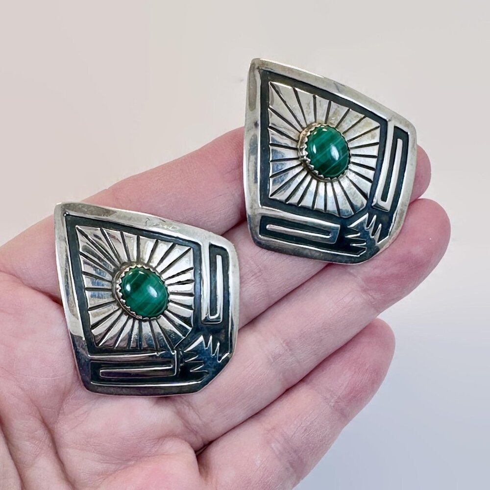 Vintage, Native American, Earrings, Sterling Silver,Navajo, Malachite, Clip Ons